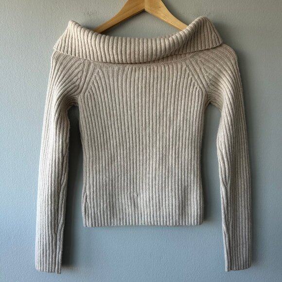 Oak + Fort Ribbed Funnel Neck Knit Sweater Oatmeal Beige Size XS Minimal Cozy - Picture 4 of 9